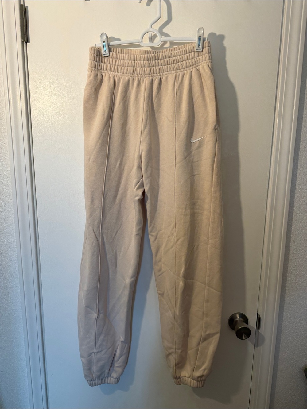 Nike Beige Fleece Sweatpants with White Swoosh